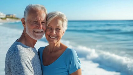 A senior Caucasian couple stands lovingly on a summer ocean shore, smiling and holding each other in a warm embrace - Powered by Adobe