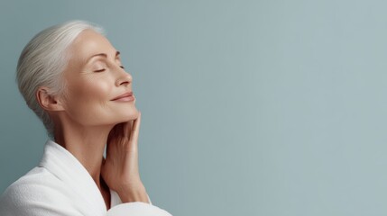 Calm elderly lady in profile, eyes closed and smiling, touching her face after skincare treatment. Spa relaxation and skin rejuvenation concept
