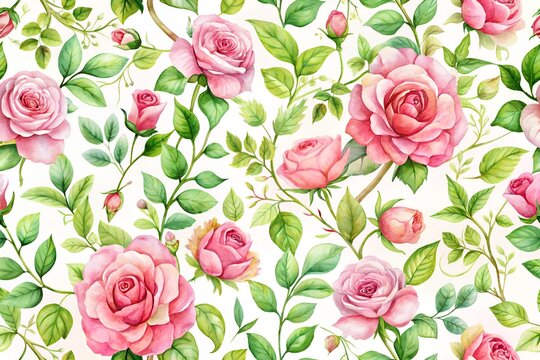 Delicate watercolor painting of pink roses and green leaves, a beautiful floral seamless pattern for romantic designs