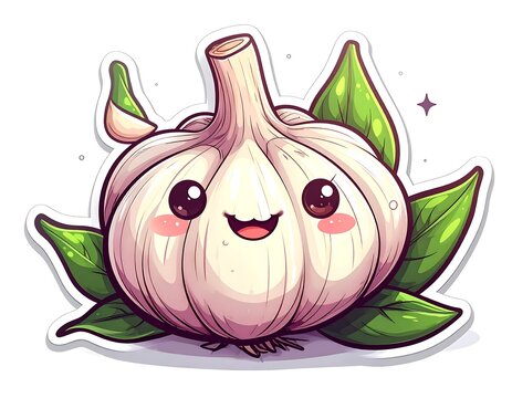 A smiling, cartoonish garlic bulb with big eyes, rosy cheeks, and green leaves, set against a white backdrop
