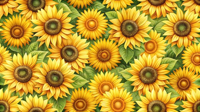 Fototapeta Vibrant field of sunflowers with green leaves, a bright and cheerful floral pattern perfect for summer themes