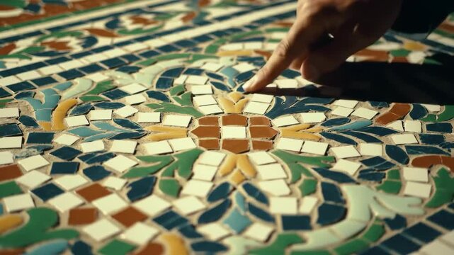 Detailed close-up shot of mosaic tile art showing color and texture in a pattern, used for decor