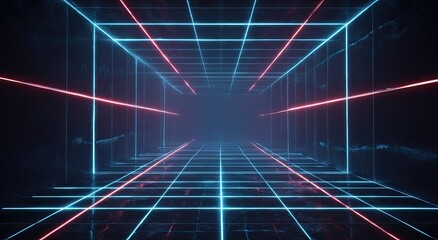 Futuristic corridor with blue grid flooring and red/blue neon light structures. Dark, abstract atmosphere