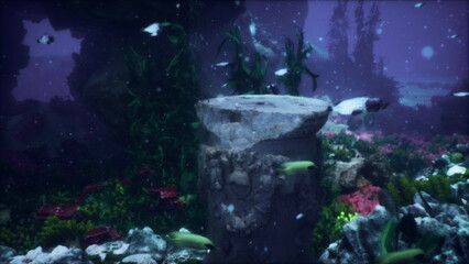 Fototapeta premium Amidst a mesmerizing underwater landscape, various fish swim gracefully around coral formations. Sunlight filters through the water, creating a serene atmosphere in this aquatic habitat.