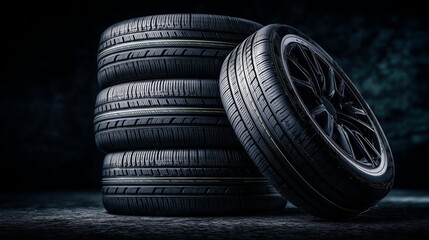 Stack of four black tires with detailed tread patterns on a dark textured background