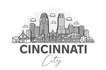 Fototapeta premium Cincinnati, Ohio architecture line skyline illustration with shadows. Linear vector cityscape with famous landmarks, city sights, design icons.