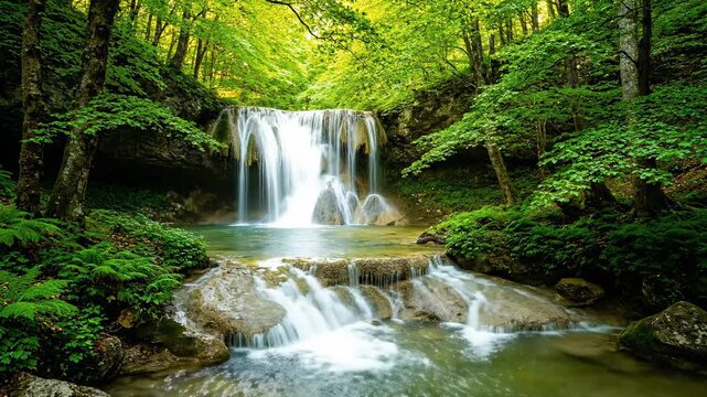 This tranquil video captures the majestic beauty of a multi-tiered waterfall gracefully descending into a pristine, clear stream. Lush, verdant green foliage, moss-covered rocks, and towering trees fr