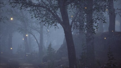 Fototapeta premium A serene forest scene at dusk, where glowing fireflies dot the misty air among tall trees. The peaceful atmosphere invites a sense of wonder and magic in nature.