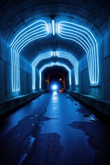 Obraz premium a tunnel with blue lights and a car driving through it