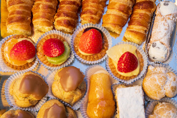 Close view of Italian pastries mix in a tray, christmas and event concept