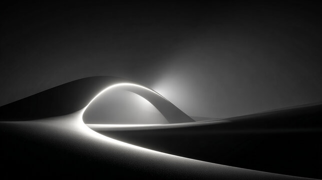 Abstract waves glow in monochrome. Represents futuristic design, conceptual art. For marketing, product design, backgrounds, web design, technology, and editorial use.