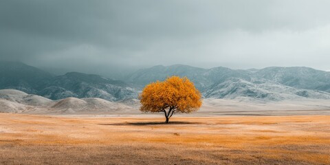 A solitary tree with golden leaves stands against a backdrop of rolling hills and a gray, overcast sky