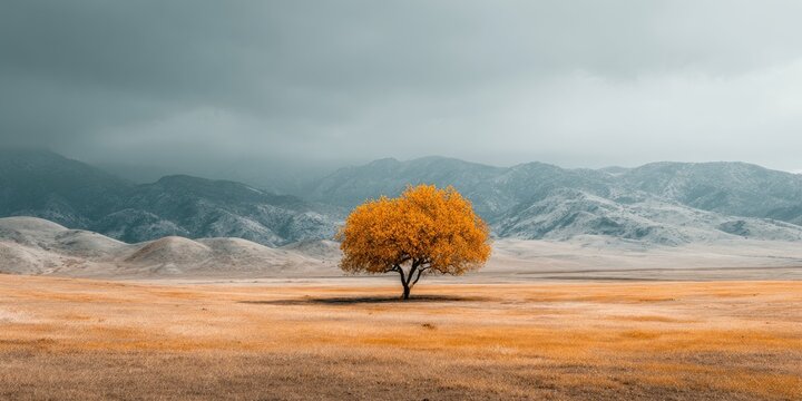 A solitary tree with golden leaves stands against a backdrop of rolling hills and a gray, overcast sky