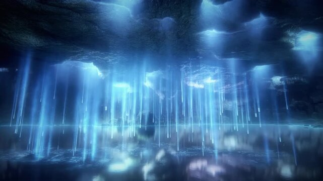 A massive waterfall made entirely of cascading data descends from a glowing cliff. The camera tilts down from above, following the streams as they hit a luminous pool below.