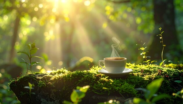 A sunlit forest scene featuring a steaming coffee cup nestled on a mossy stone, the warm light illuminating lush green foliage - Powered by Adobe