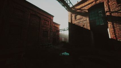 Obraz premium In the early morning light, shadows stretch across the weathered brick walls of an abandoned factory. Overgrown plants peek through the cracks, hinting at natures reclaiming of the space.