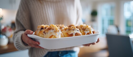 Cooking is in progress as a woman focuses on the oven, appreciating the delicious scents and warmth filling the modern kitchen