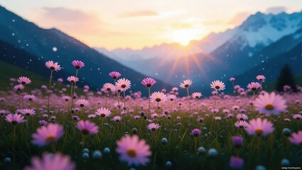 Fototapeta premium Beautiful Mountain Meadow at Sunrise with Pink Flowers.