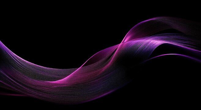 Abstract flowing ribbons in vibrant shades of purple and pink against a stark black background