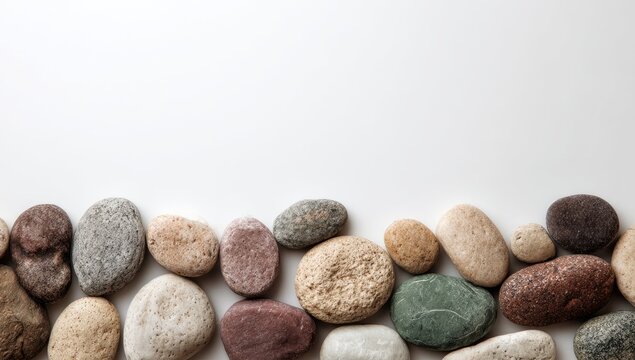 A collection of various smooth river rocks arranged along the bottom edge of a white backdrop