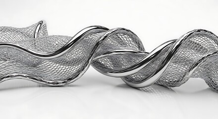 A twisted metallic ribbon with a mesh texture, isolated on a white background