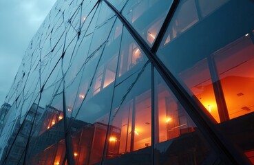Modern building exterior with cracked glass facade. Broken windows reflect blue sky. Warm orange light glows from inside office, creating stark contrast. Steel structure forms geometric pattern,