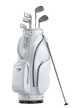 A premium white leather golf bag with silver metal accents, holding a set of chrome irons. A luxurious and sleek image for high-end golf equipment.