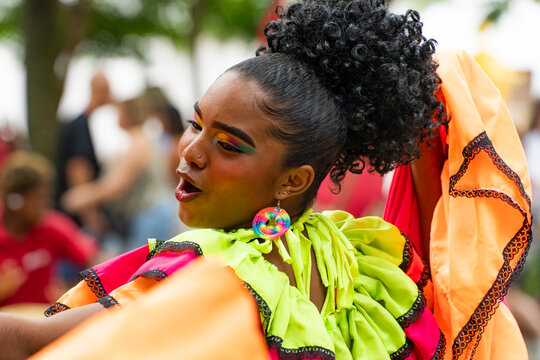 Vibrant Caribbean dancer in traditional attire