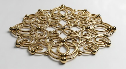 Obraz premium Intricate golden filigree ornament with a symmetrical floral pattern, isolated on white background