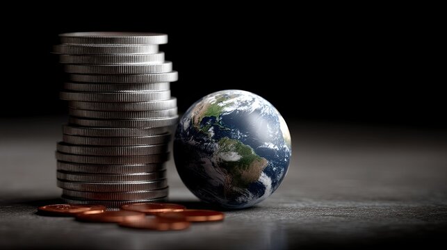 A wooden globe beside polished coins symbolizes global trade, finance, and the need for sustainable practices