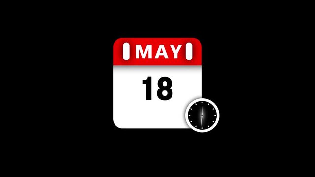 Red and white calendar page showing May 18 with a small clock icon on a black background date