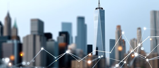 Financial data shows an upward trend with a city skyline in the background as twilight creates a soft glow in the sky