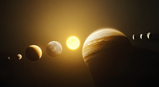 Solar system representation with planets aligned and sun's bright light