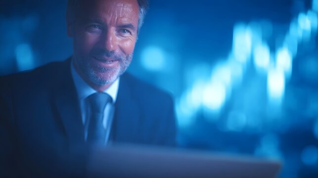 A confident businessman smiles while looking at financial data on a screen in a blue lit office