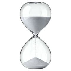 A transparent hourglass showing sand flowing from the top bulb to the bottom, isolated