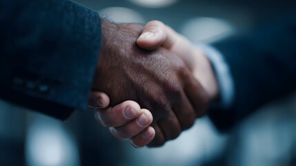 Fototapeta premium Two business professionals shaking hands symbolizing agreement partnership and trust in a formal meeting