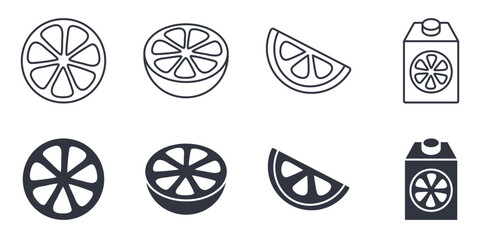 Vector icons citrus fruits. Editable stroke thin line and black solid set. Fresh oranges, lemons and slices of juicy citruses. Healthy tropical fruit collection isolated on white background.