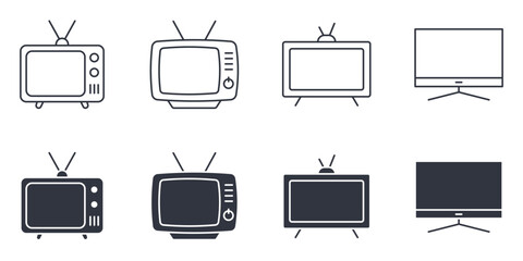 Vector icons old TV. Editable stroke thin line and black solid set. Retro television receivers with antennas, round screens and control knobs. Classic box design of vintage TVs isolated on white backg