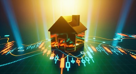 3D House Model Over Abstract Financial Stock Market Data Visualization