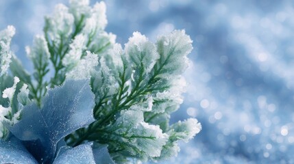 Snow-dusted evergreen sprigs glisten under frosty twilight, evoking Yuletide enchantment and Winter Solstice tranquility, whispering natures serene secrets
