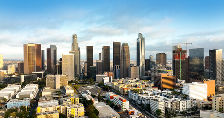 Aerial panorama of Los Angeles city skyline with skyscrapers. Drone shot of downtown Los Angeles. Wide drone panorama of Los Angeles. Aerial cityscape view of LA. Panoramic skyline of Los Angeles.
