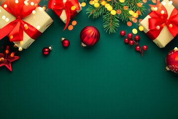Merry Christmas and Happy Holidays greeting card, frame, banner. New Year. Noel. Red Christmas ornaments, golden gifts on green background top view. Winter xmas holiday theme.