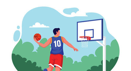 Flat style illustration of a man jumping to dunk a basketball outdoors, symbolizing athletic strength, determination, and the excitement of competitive sports