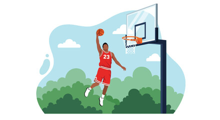 Flat style illustration of a man jumping to dunk a basketball outdoors, symbolizing athletic strength, determination, and the excitement of competitive sports