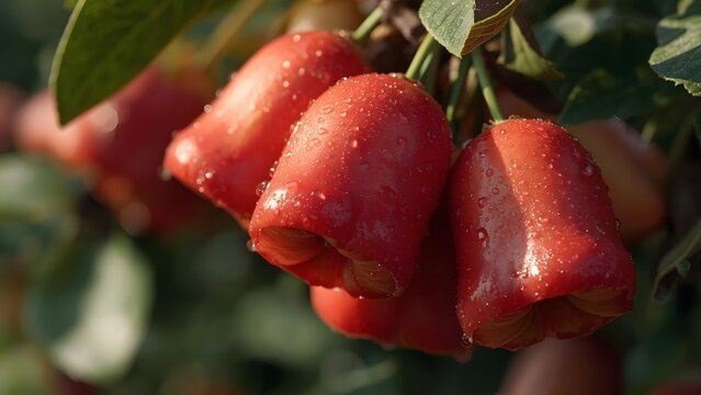 Close-up of bell-shaped wax apples glistening with morning dew in sunlight