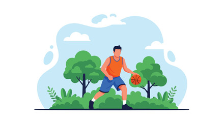 Flat style illustration of a man playing basketball outdoors, dribbling the ball with focus and energy, symbolizing fitness, determination, and an active sports lifestyle