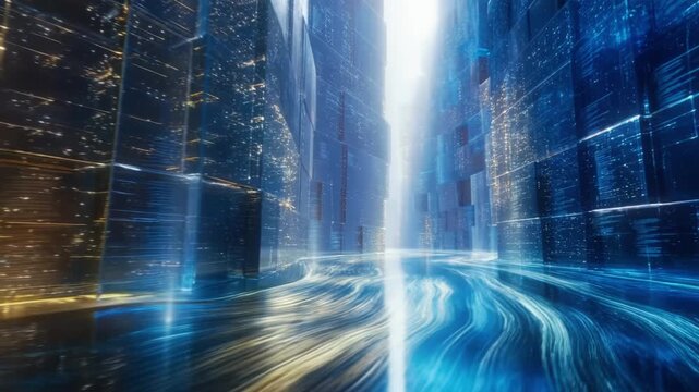 In a vast futuristic canyon made of glass and code, streams of blue and gold data flow like liquid light through crystalline channels. The camera flies low over the glowing river, following the curren