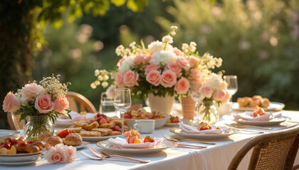 Elegant table set for outdoor brunch party in sunny summer garden. Festive meal with beautiful tableware, fresh food, rose bouquets. Luxury alfresco dining experience for special celebration, holiday