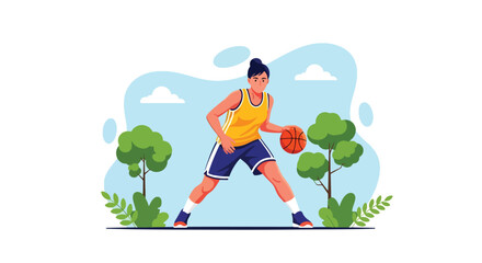 Flat style illustration of a woman playing basketball outdoors, dribbling the ball with focus and energy, representing fitness, determination, and an active lifestyle