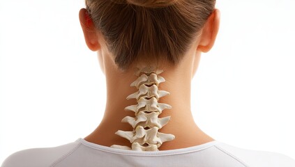 Rear view of a woman's neck with a skeletal illustration of the cervical spine overlaid